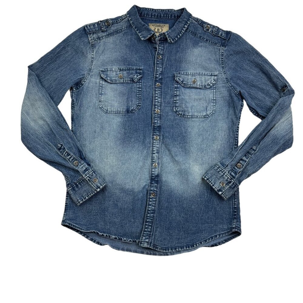 Brooklyn Laundry Distressed Wash Military Inspired Long Sleeve Button Down Shirt